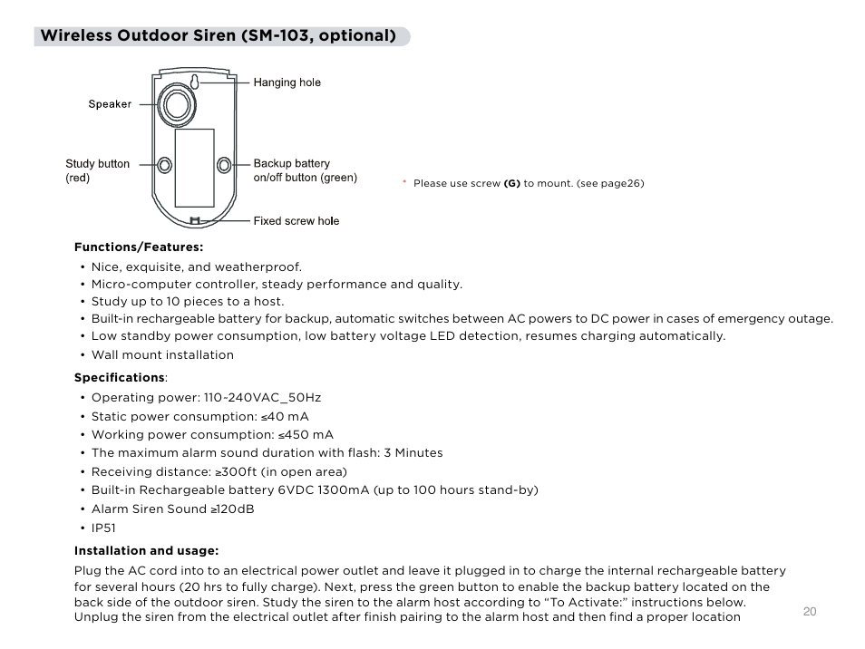 Wireless outdoor siren (sm-103, optional) | SecurityMan Air-AlArmII series - User manual User Manual | Page 24 / 33