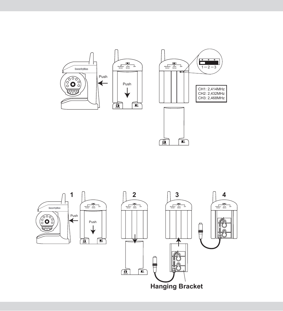 Camera channel setup, Hanging bracket, 12 3 4 hanging bracket | Push | SecurityMan AVLCD User Manual | Page 15 / 20