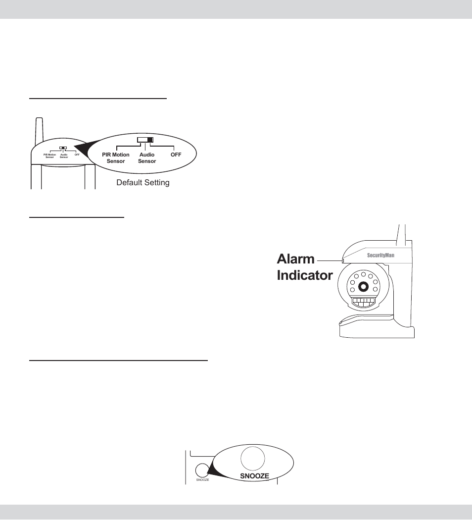 Alarm setup, Snooze button on receiver, Alarm indicator | Alarm setting switch | SecurityMan AVLCD User Manual | Page 16 / 20
