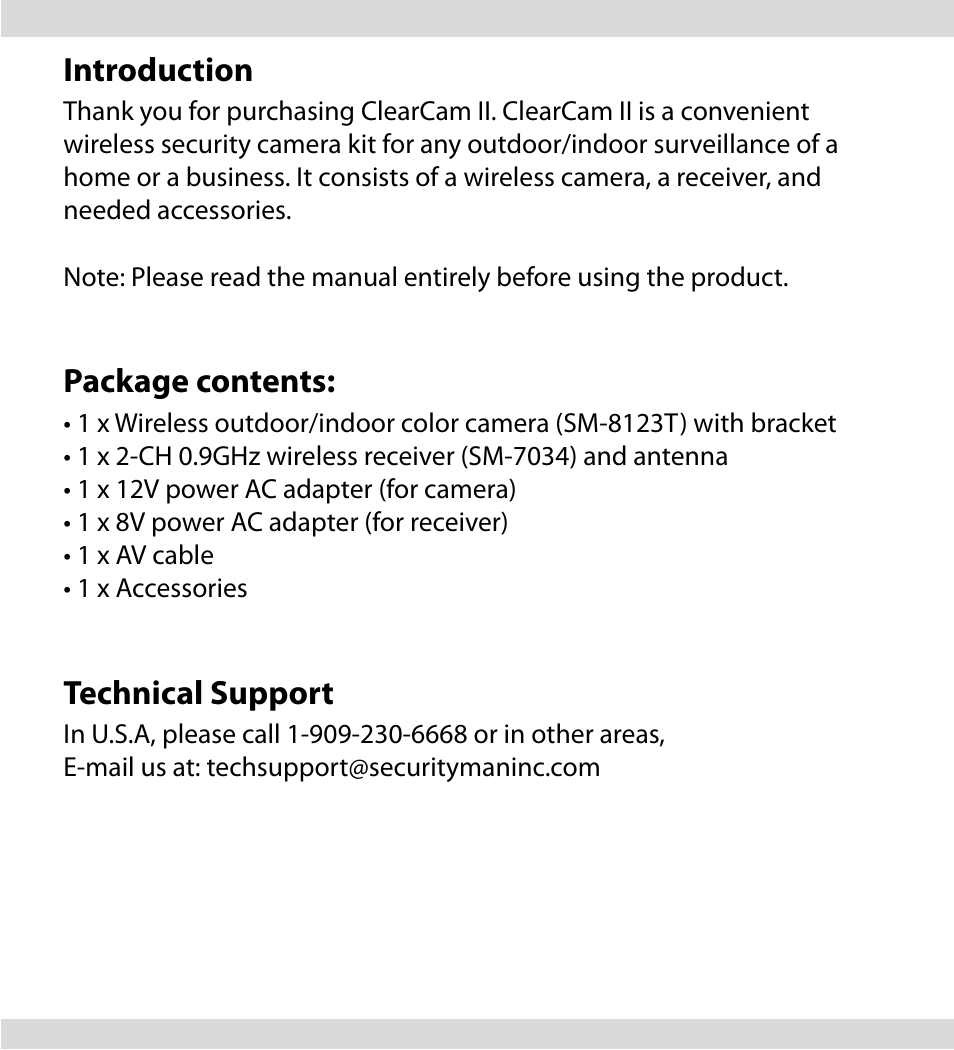 Introduction, Package contents, Technical support | SecurityMan ClearCam II User Manual | Page 11 / 20