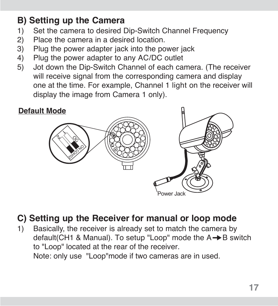 17 b) setting up the camera, C) setting up the receiver for manual or loop mode, Default mode | SecurityMan ClearCam II User Manual | Page 16 / 20