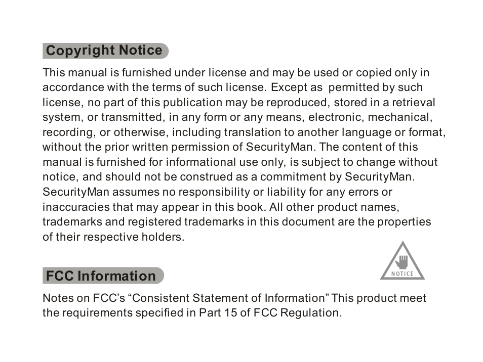 Copyright notice fcc information | SecurityMan ClockCam (New – Since 09.23.2011) User Manual | Page 2 / 23