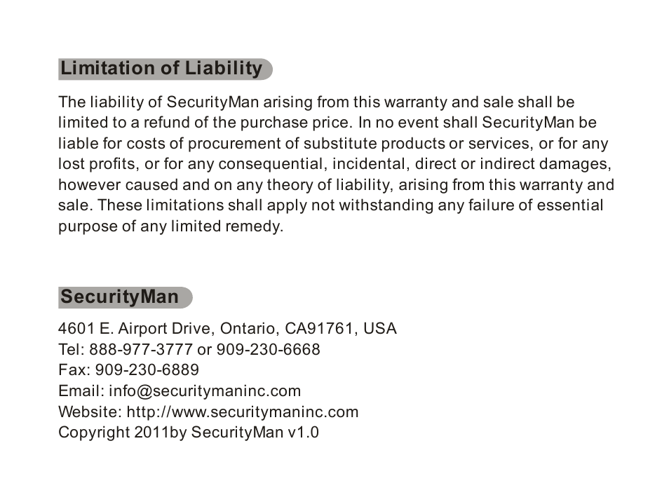 Limitation of liability securityman | SecurityMan ClockCam (New – Since 09.23.2011) User Manual | Page 6 / 23