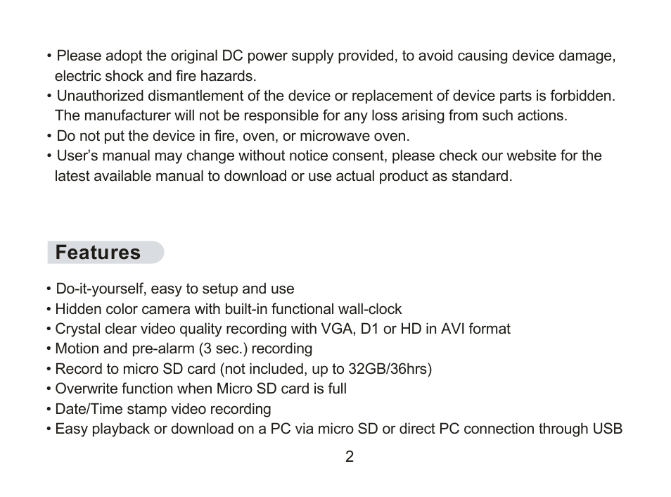 Features | SecurityMan ClockCamDVR User Manual | Page 10 / 30