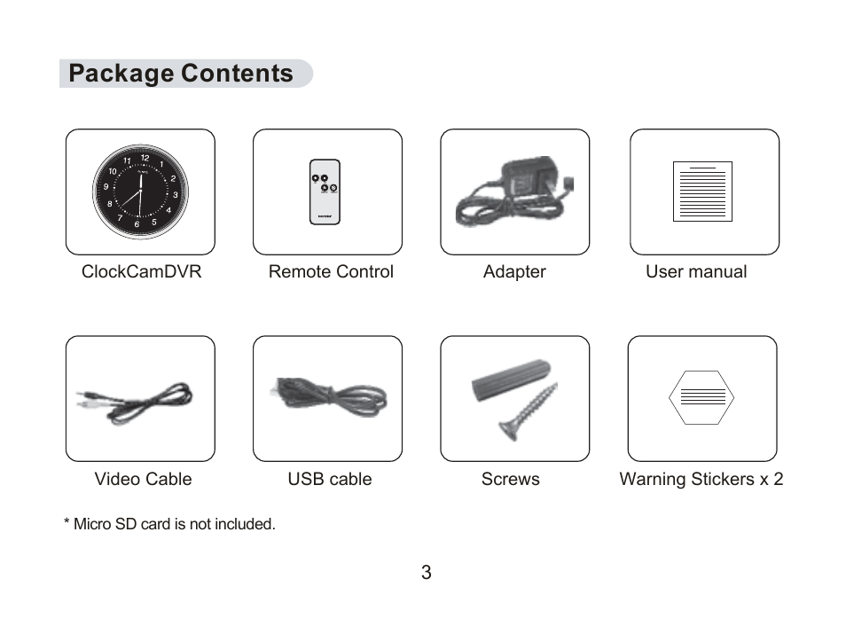 Package contents | SecurityMan ClockCamDVR User Manual | Page 11 / 30