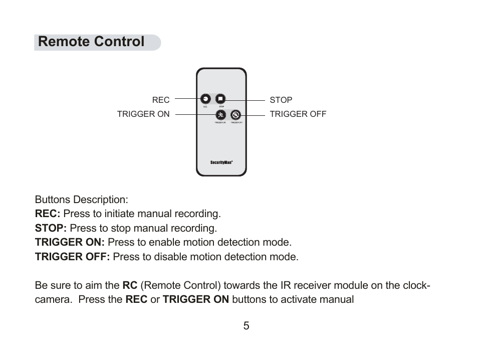 Remote control | SecurityMan ClockCamDVR User Manual | Page 13 / 30
