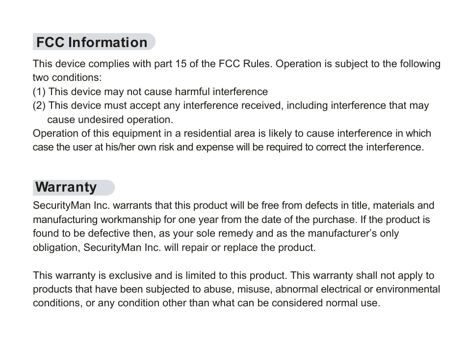Warranty fcc information | SecurityMan ClockCamDVR User Manual | Page 3 / 30