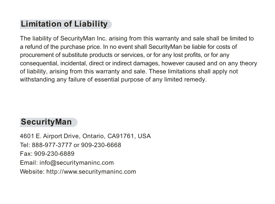 Limitation of liability securityman | SecurityMan ClockCamDVR User Manual | Page 5 / 30