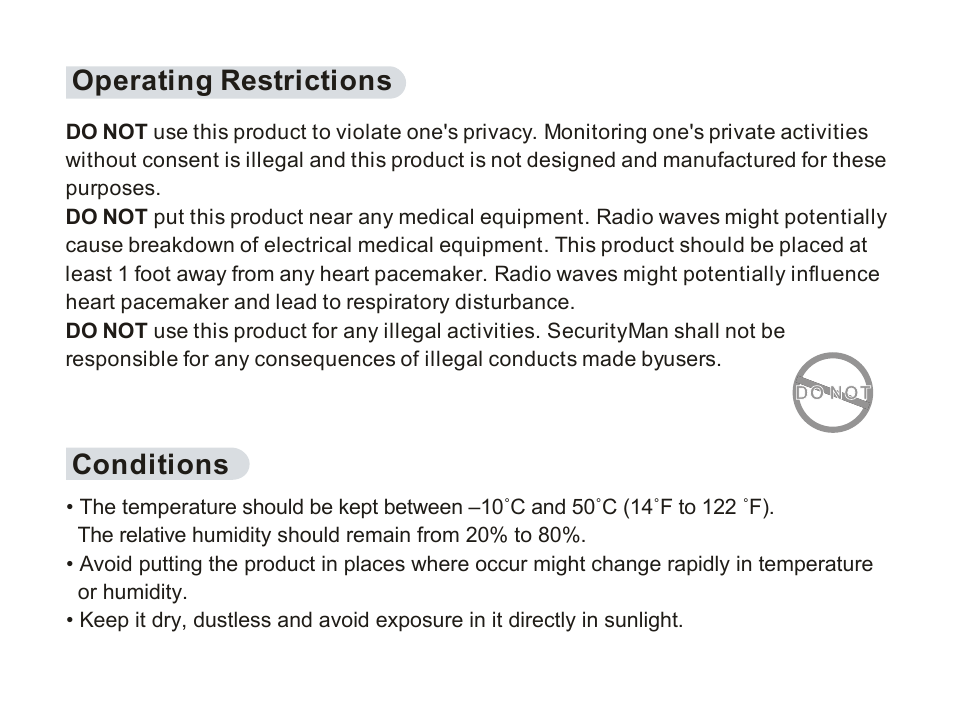 Operating restrictions, Conditions | SecurityMan ClockCamDVR User Manual | Page 6 / 30