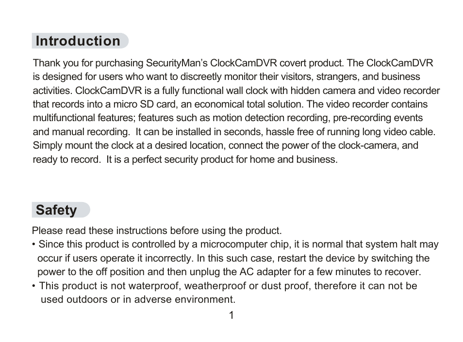 Introduction safety | SecurityMan ClockCamDVR User Manual | Page 9 / 30