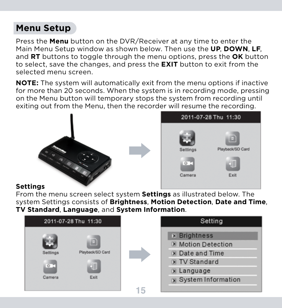 15 menu setup | SecurityMan DigiairWatch Series User Manual | Page 19 / 36