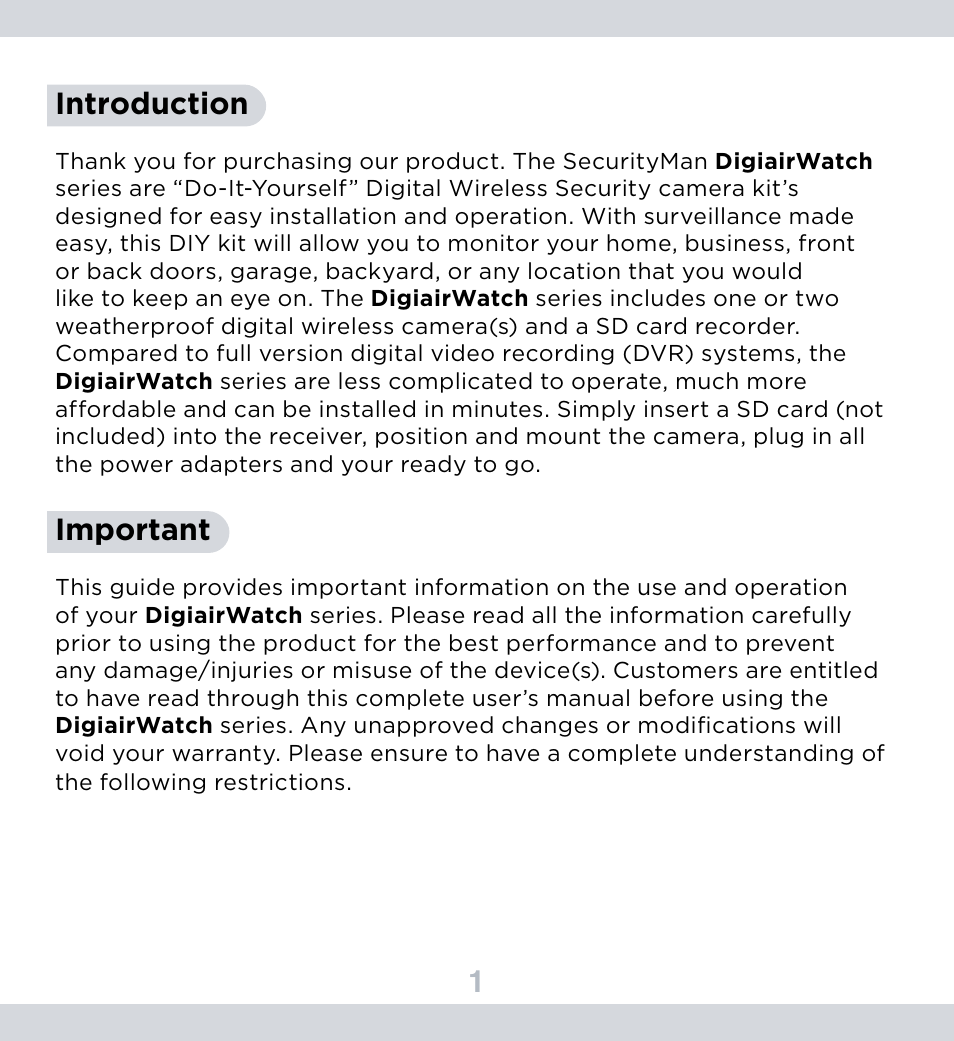 1introduction, Important | SecurityMan DigiairWatch Series User Manual | Page 5 / 36