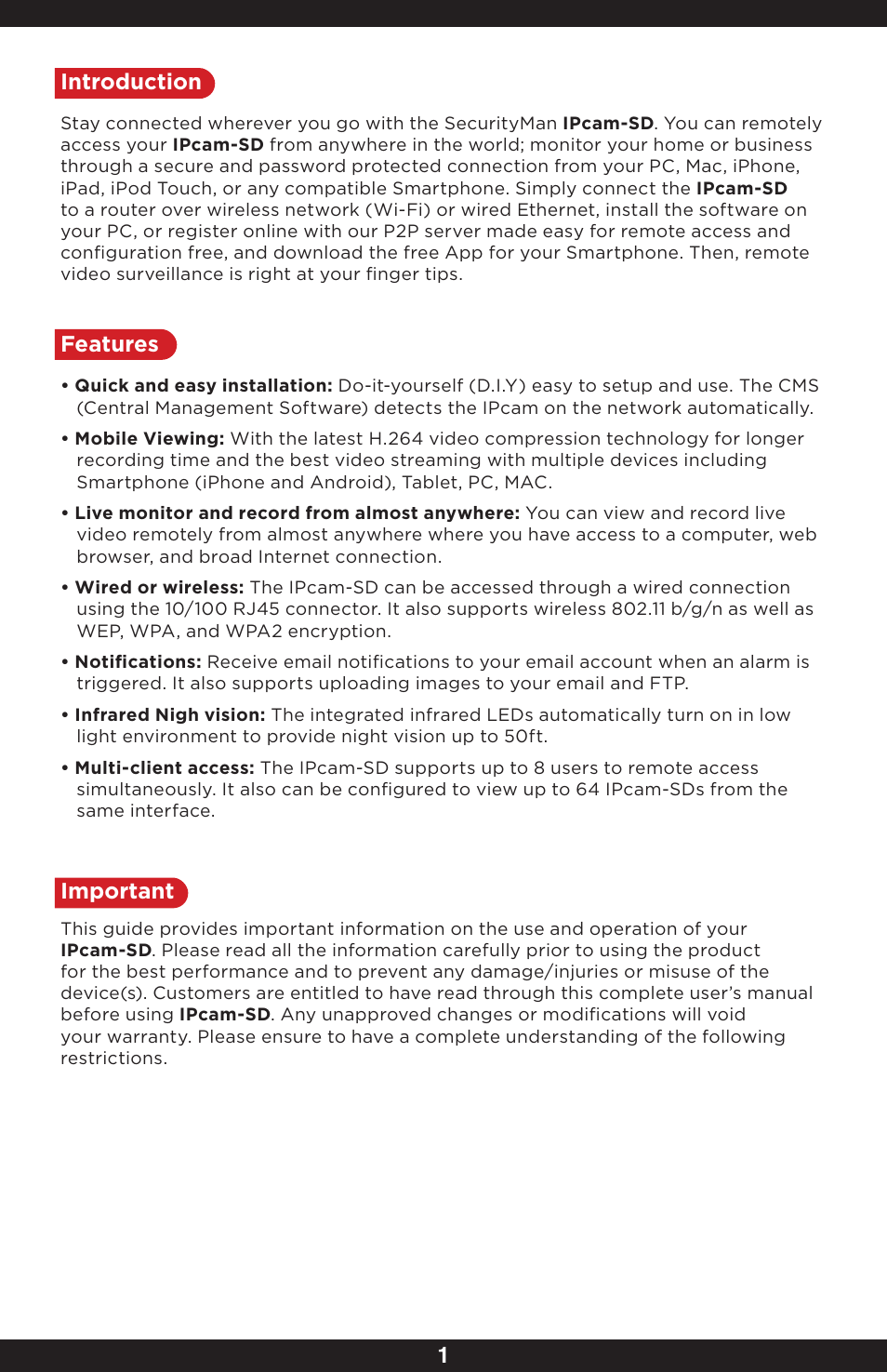 1introduction, Features, Important | SecurityMan IPcam-SD - User manual User Manual | Page 5 / 159