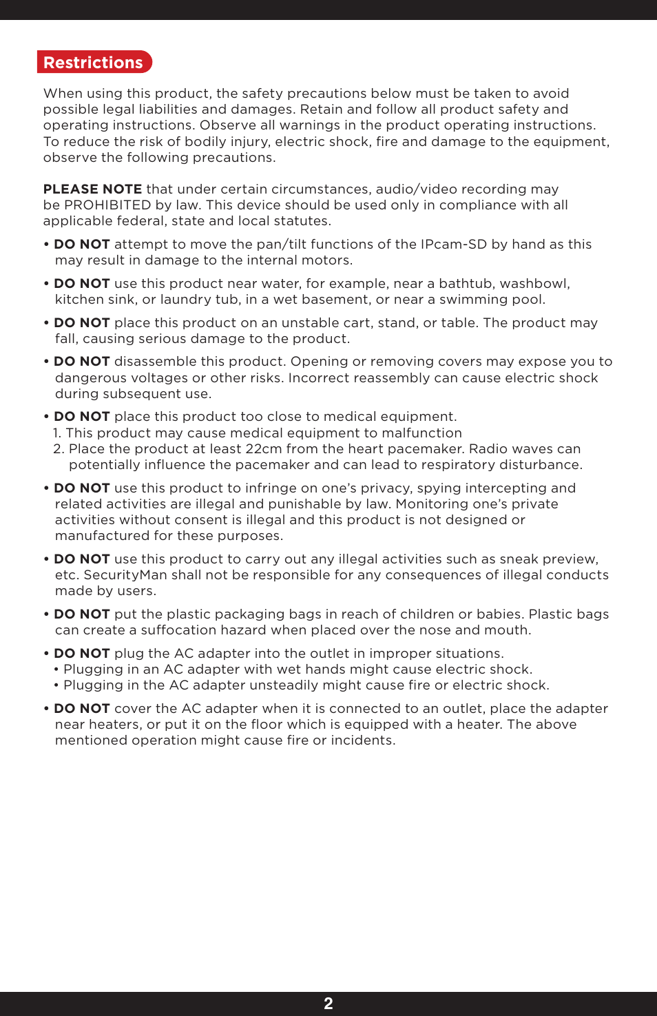 2restrictions | SecurityMan IPcam-SD - User manual User Manual | Page 6 / 159