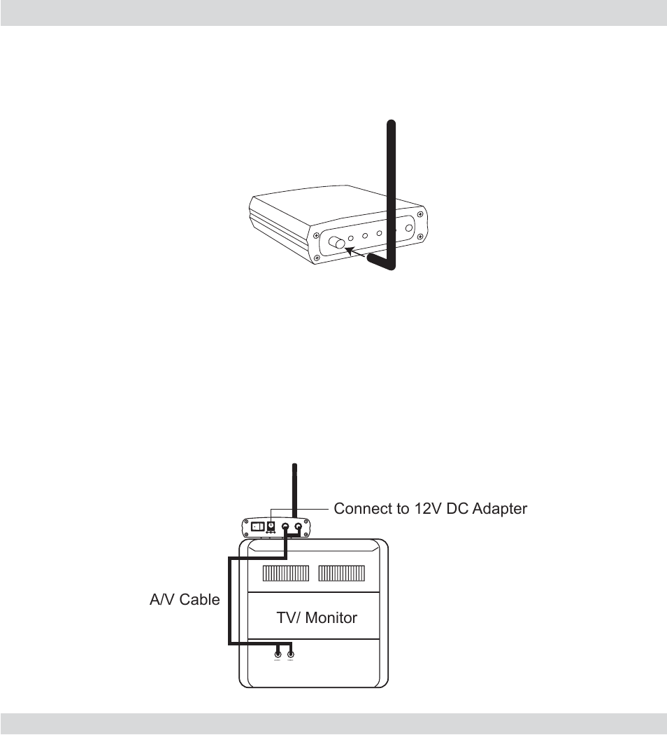 Installation, A) setting up the receiver, B) setting up the receiver with tv/monitor | Connect the antenna to the receiver, Tv/ monitor connect to 12v dc adapter a/v cable | SecurityMan MiniAirWatch User Manual | Page 14 / 20