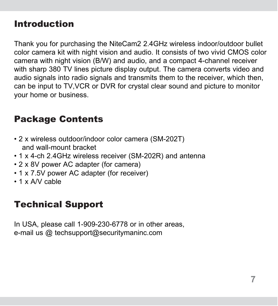 Package contents, 7introduction, Technical support | SecurityMan NiteCam2 User Manual | Page 7 / 20
