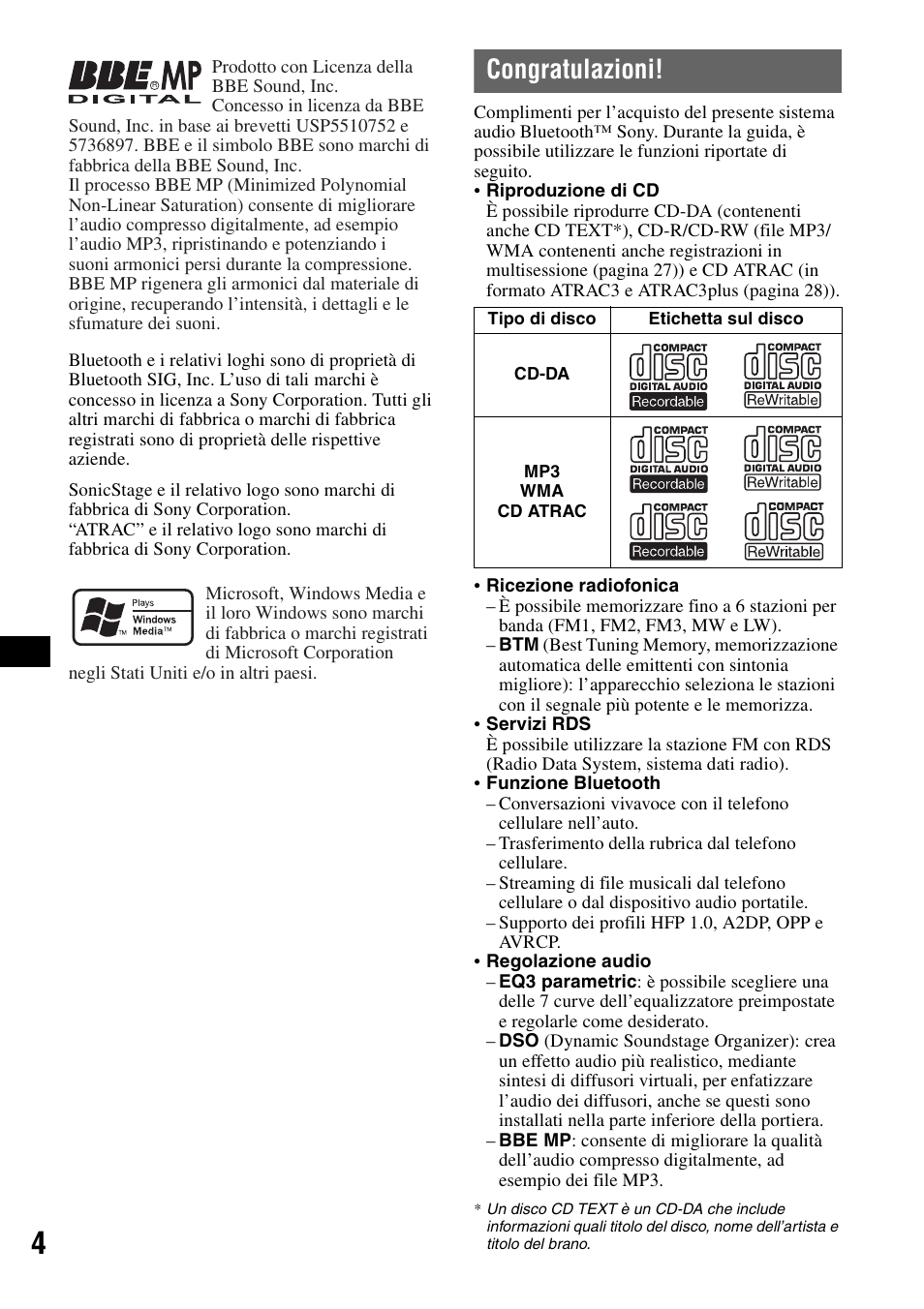 Congratulazioni | Sony MEX-BT5100 User Manual | Page 102 / 172