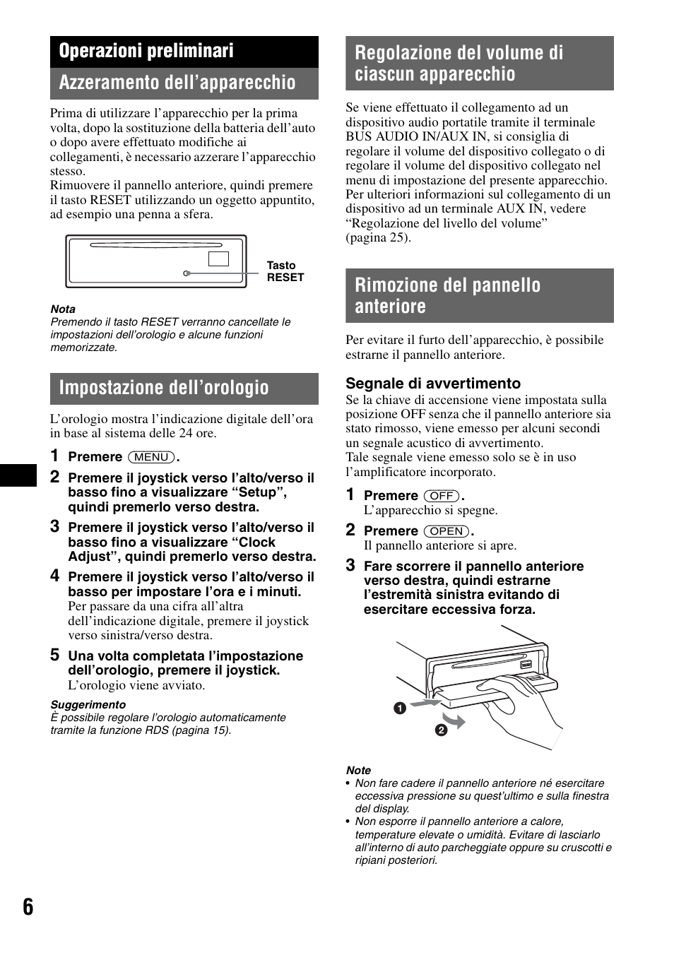 Operazioni preliminari, Azzeramento dell’apparecchio, Impostazione dell’orologio | Regolazione del volume di ciascun apparecchio, Rimozione del pannello anteriore | Sony MEX-BT5100 User Manual | Page 104 / 172