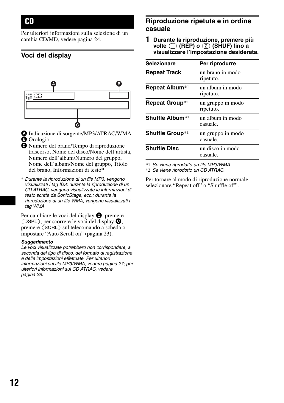 Voci del display, Riproduzione ripetuta e in ordine casuale, Ep 12 | Sony MEX-BT5100 User Manual | Page 110 / 172