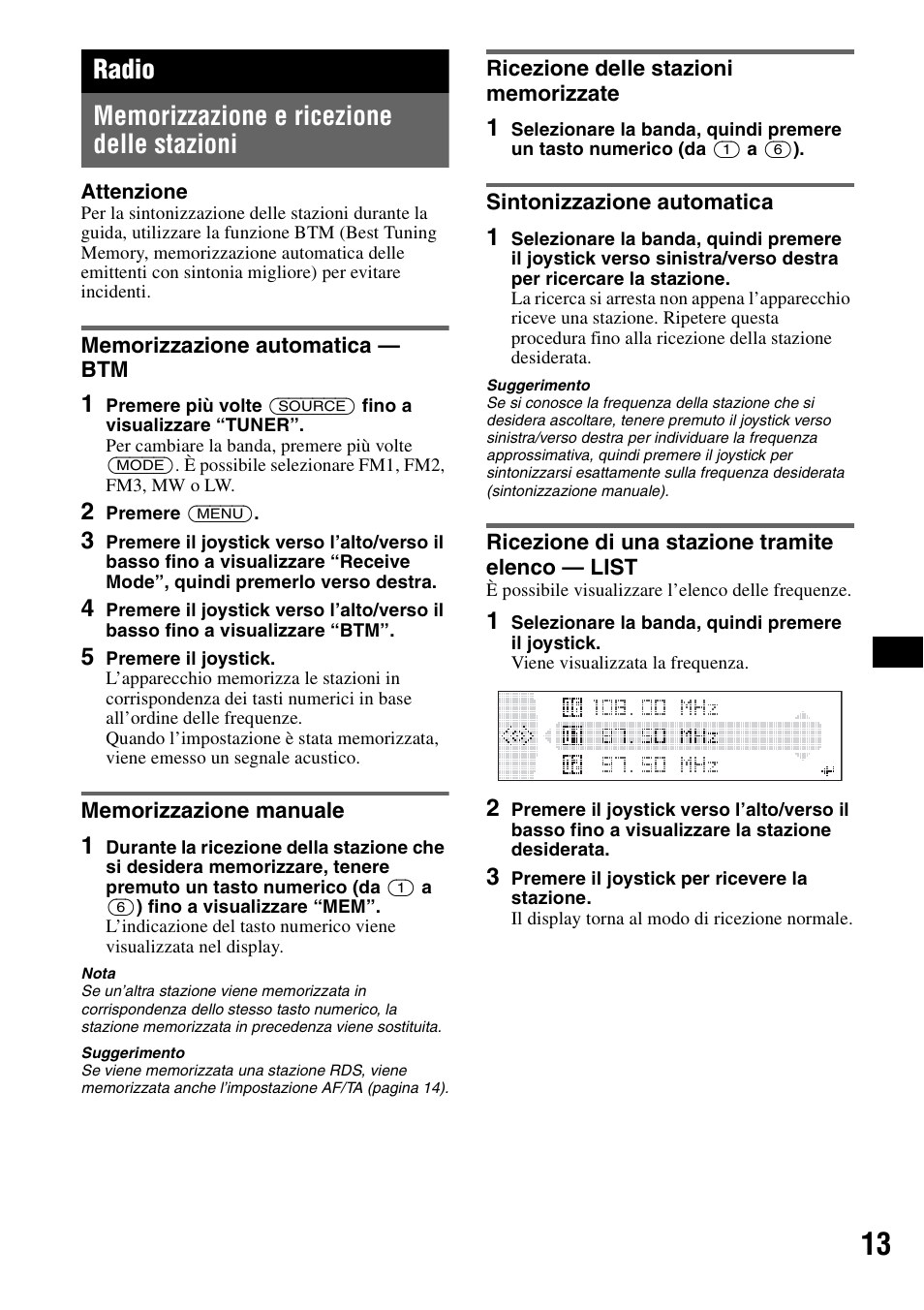 Radio, Memorizzazione e ricezione delle stazioni, Memorizzazione automatica - btm | Memorizzazione manuale, Ricezione delle stazioni memorizzate, Sintonizzazione automatica, Ricezione di una stazione tramite elenco - list | Sony MEX-BT5100 User Manual | Page 111 / 172