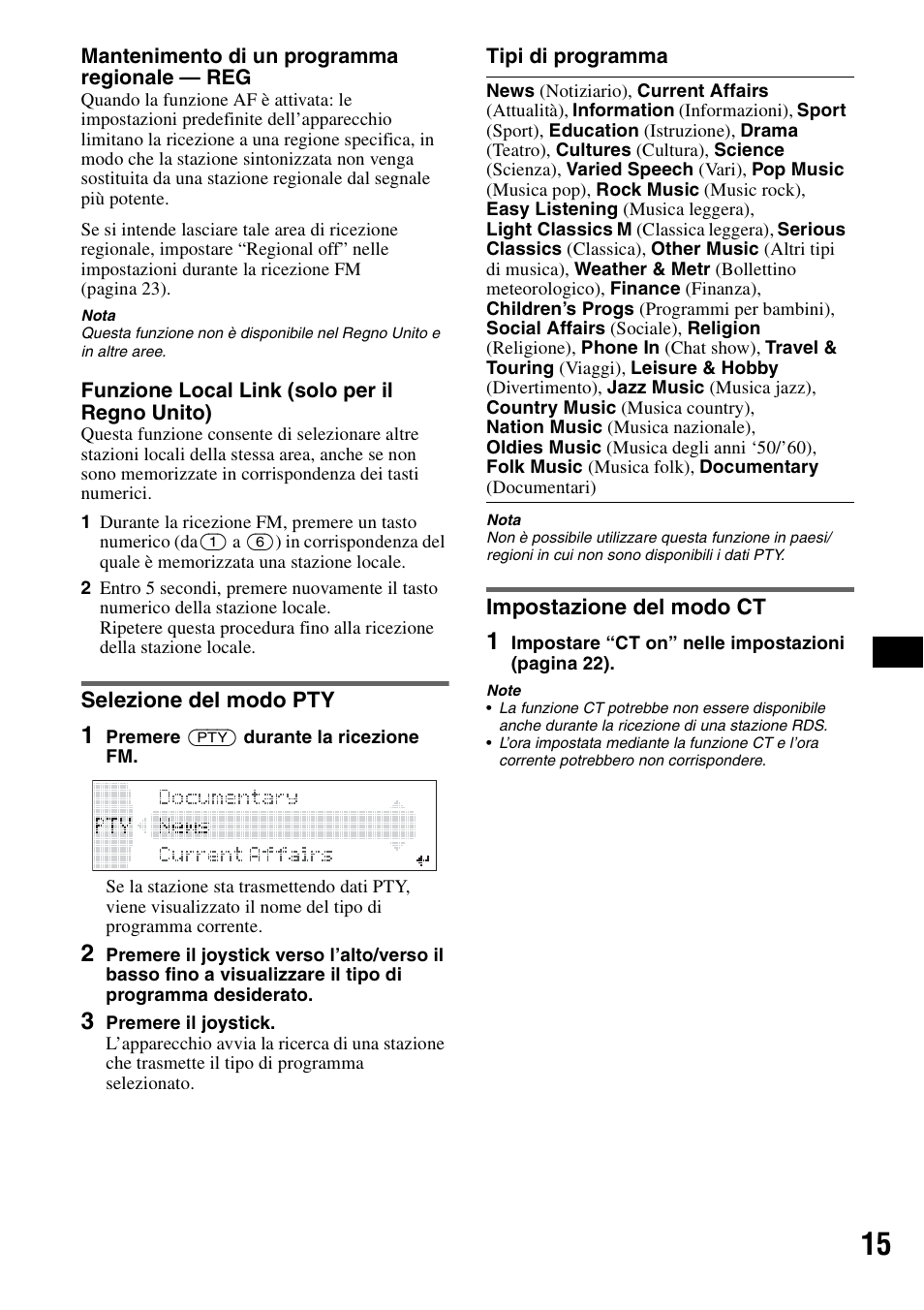 Selezione del modo pty, Impostazione del modo ct, Selezione del modo pty impostazione del modo ct | Sony MEX-BT5100 User Manual | Page 113 / 172