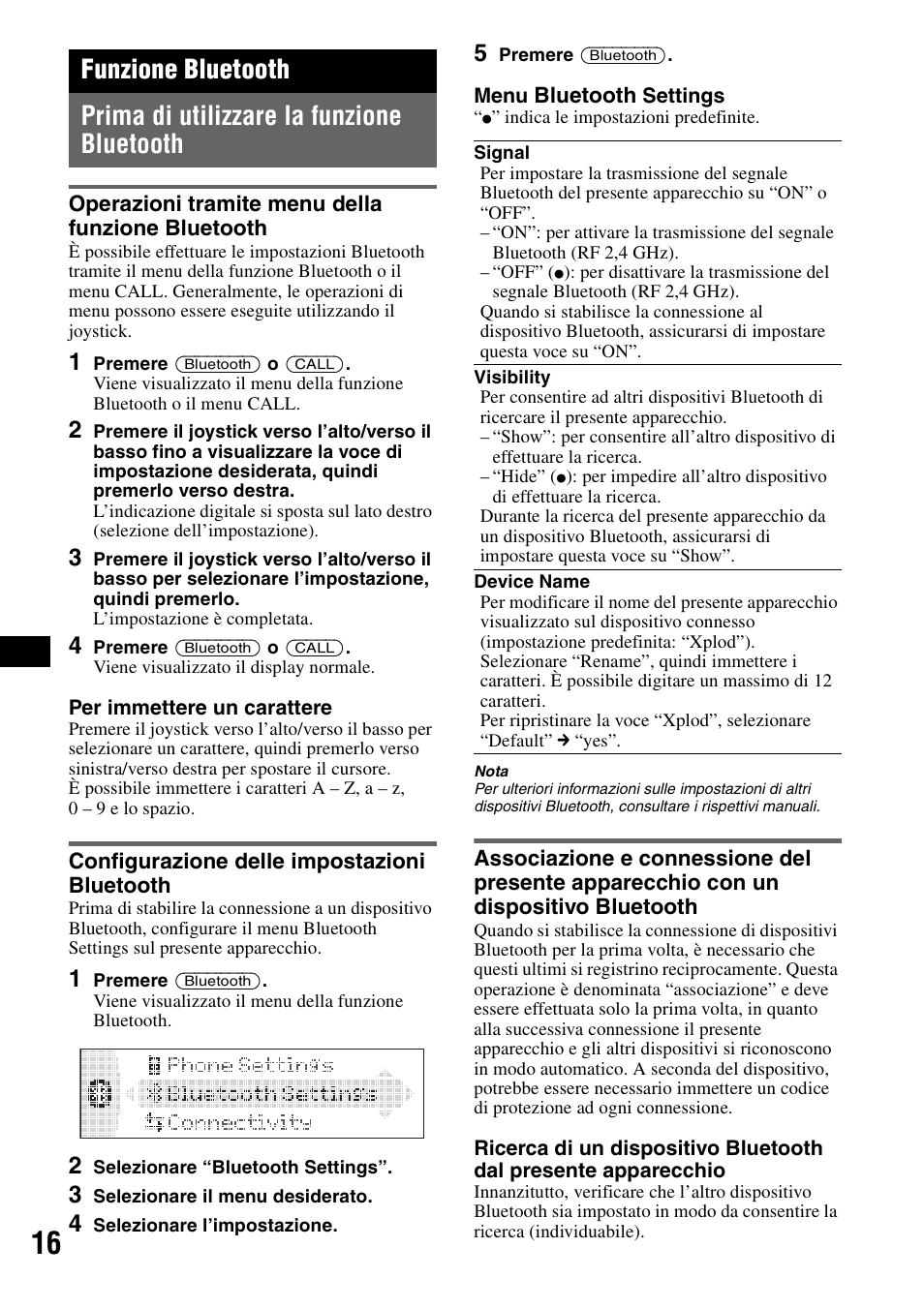 Funzione bluetooth, Prima di utilizzare la funzione bluetooth, Operazioni tramite menu della funzione bluetooth | Configurazione delle impostazioni bluetooth, H 16 | Sony MEX-BT5100 User Manual | Page 114 / 172