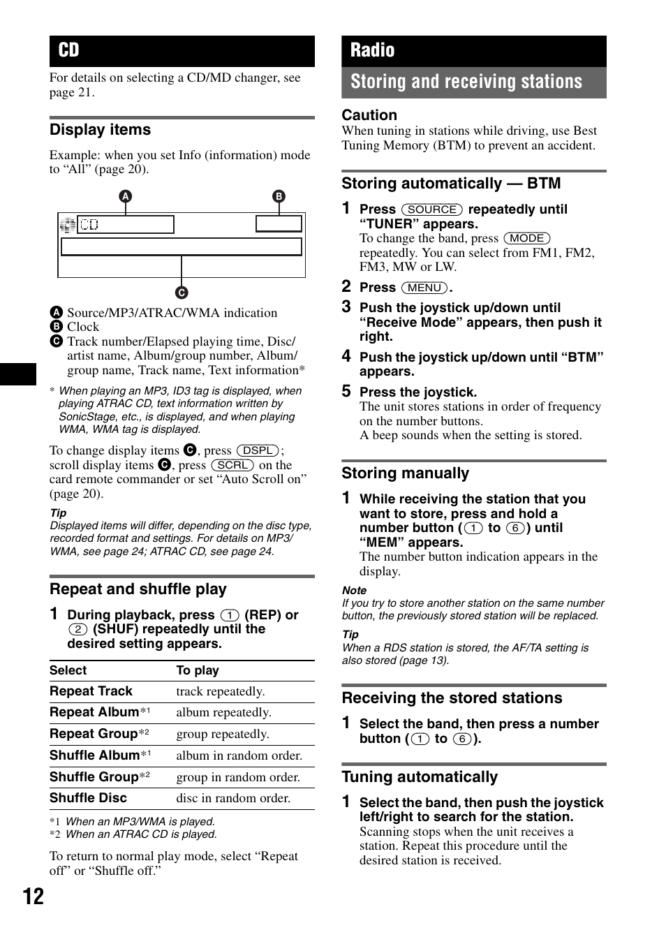 Display items, Repeat and shuffle play, Radio | Storing and receiving stations, Storing automatically - btm, Storing manually, Receiving the stored stations, Tuning automatically, Display items repeat and shuffle play, Ep 12 | Sony MEX-BT5100 User Manual | Page 12 / 172