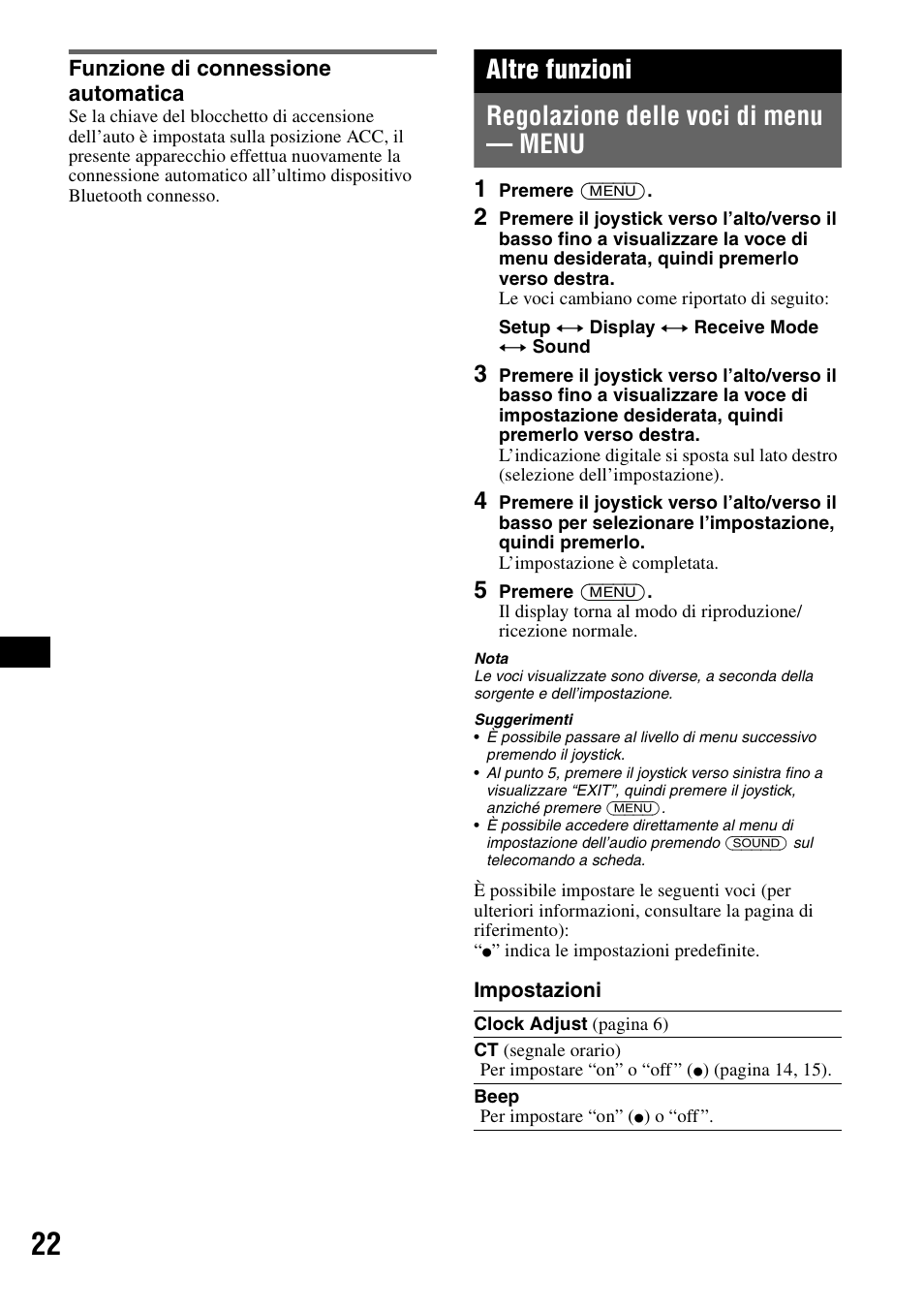 Funzione di connessione automatica, Altre funzioni, Regolazione delle voci di menu - menu | Regolazione delle voci di menu — menu | Sony MEX-BT5100 User Manual | Page 120 / 172