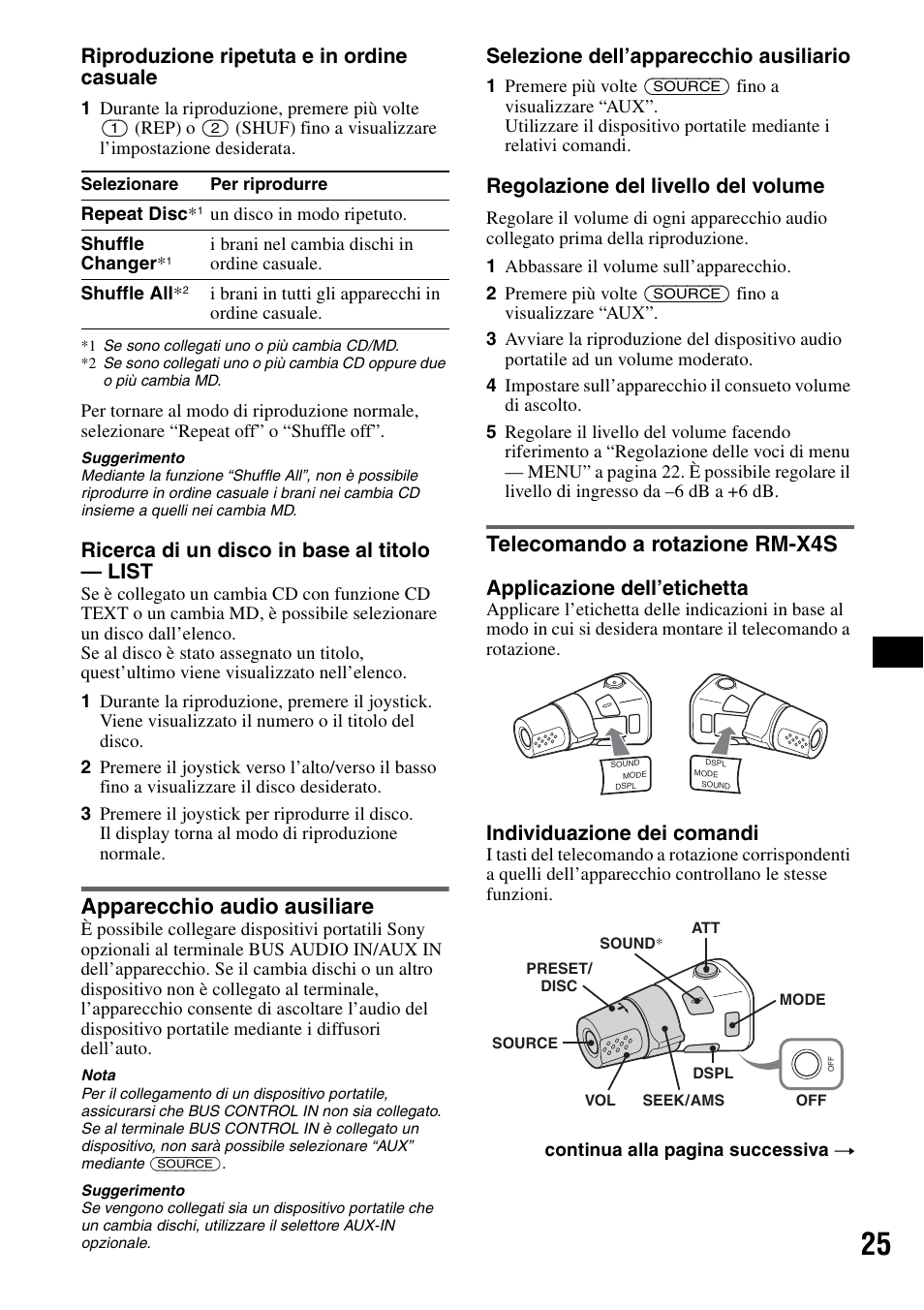 Apparecchio audio ausiliare, Telecomando a rotazione rm-x4s, Riproduzione ripetuta e in ordine casuale | Ricerca di un disco in base al titolo — list, Selezione dell’apparecchio ausiliario, Regolazione del livello del volume, Applicazione dell’etichetta, Individuazione dei comandi | Sony MEX-BT5100 User Manual | Page 123 / 172