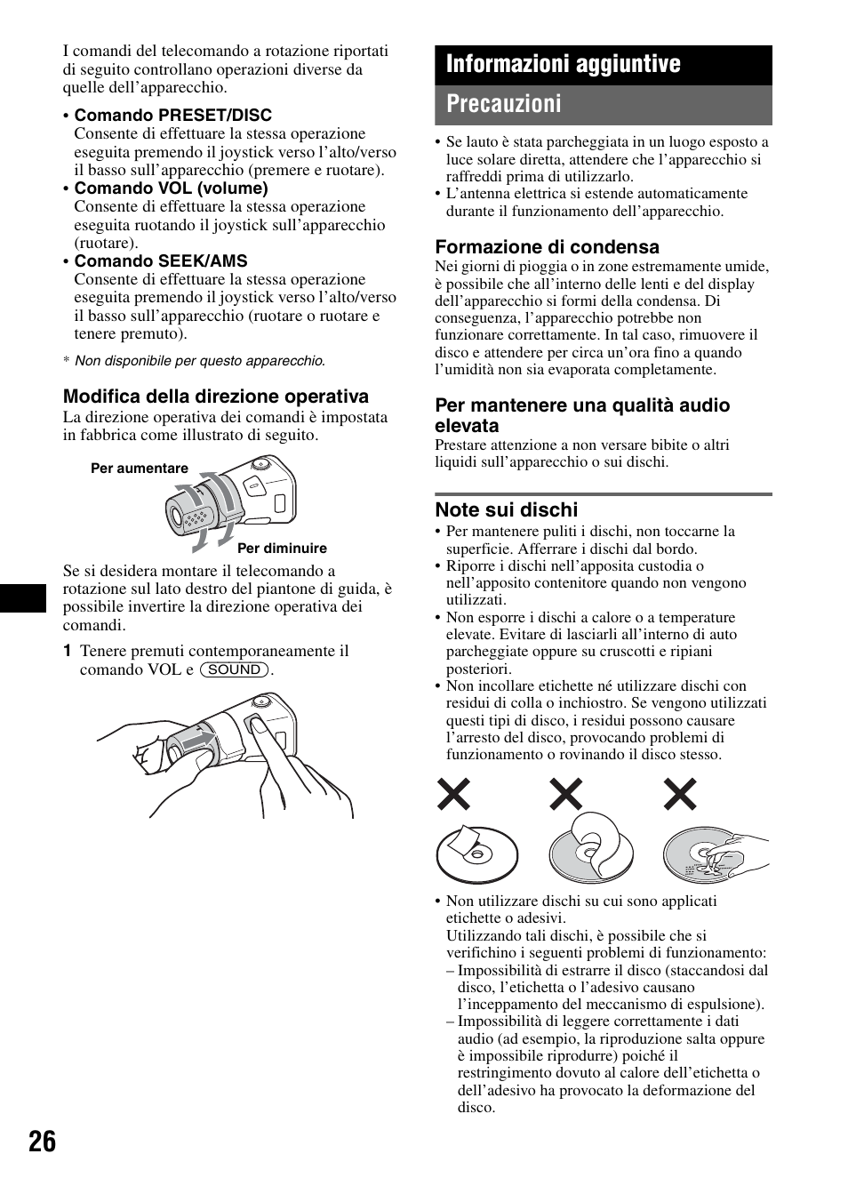 Informazioni aggiuntive, Precauzioni, Note sui dischi | Informazioni aggiuntive precauzioni | Sony MEX-BT5100 User Manual | Page 124 / 172