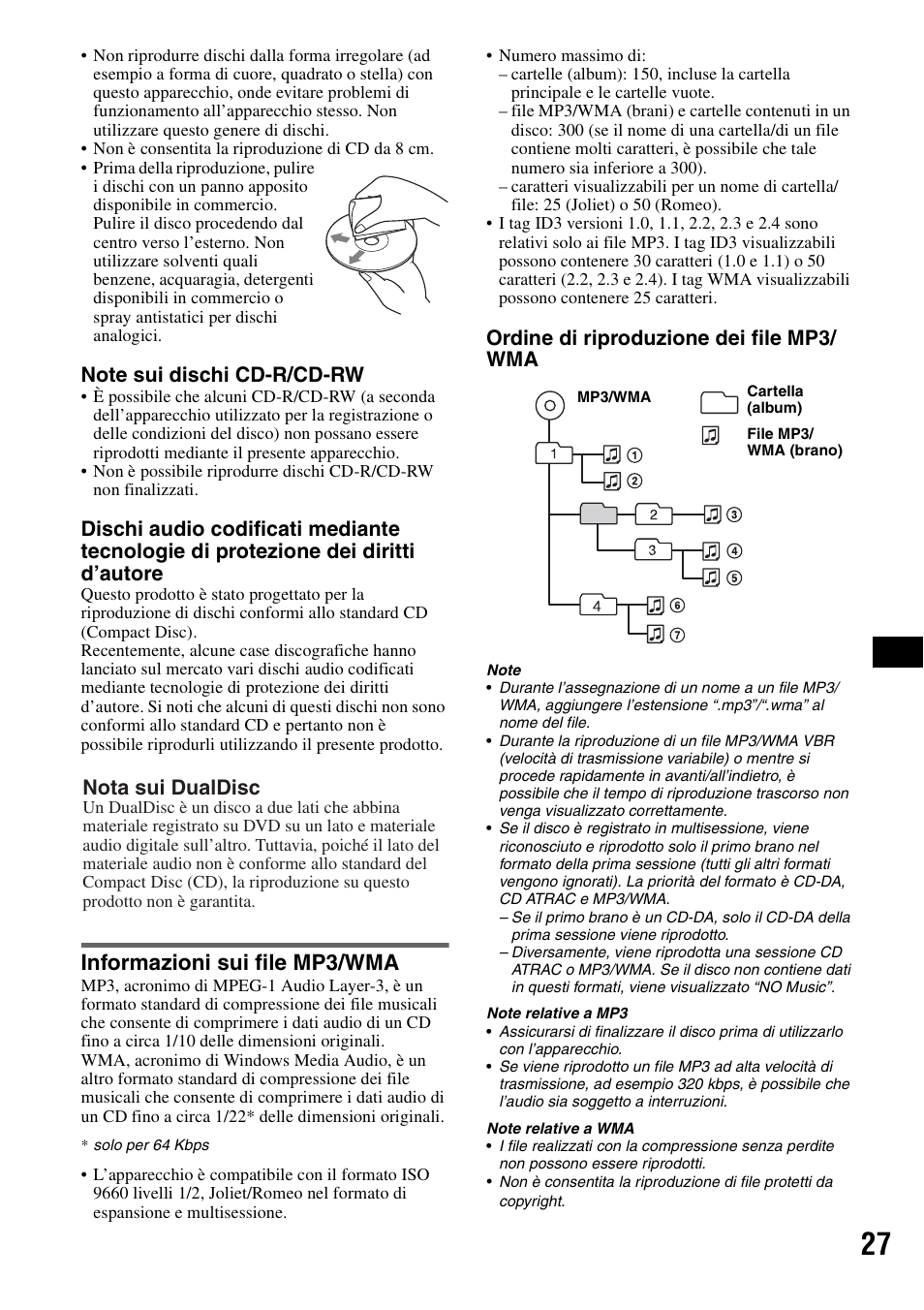 Informazioni sui file mp3/wma, Ordine di riproduzione dei file mp3/ wma, Nota sui dualdisc | Sony MEX-BT5100 User Manual | Page 125 / 172