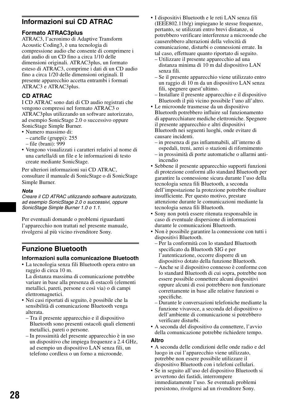 Informazioni sui cd atrac, Funzione bluetooth, Informazioni sui cd atrac funzione bluetooth | Sony MEX-BT5100 User Manual | Page 126 / 172