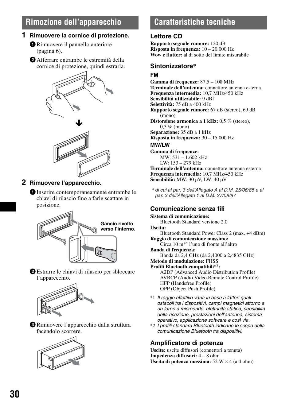 Rimozione dell’apparecchio, Caratteristiche tecniche | Sony MEX-BT5100 User Manual | Page 128 / 172