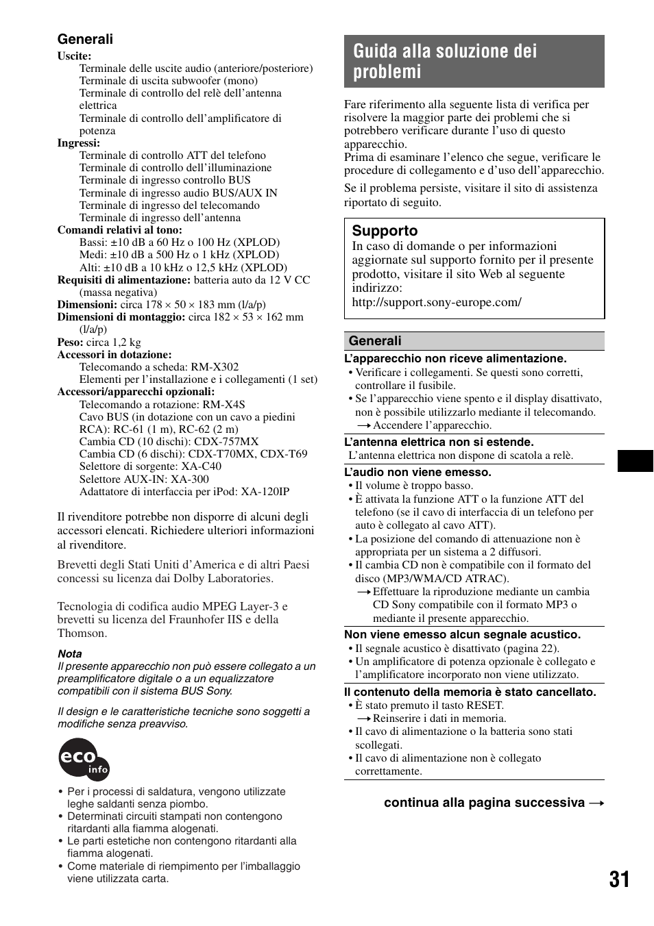 Guida alla soluzione dei problemi, Supporto | Sony MEX-BT5100 User Manual | Page 129 / 172