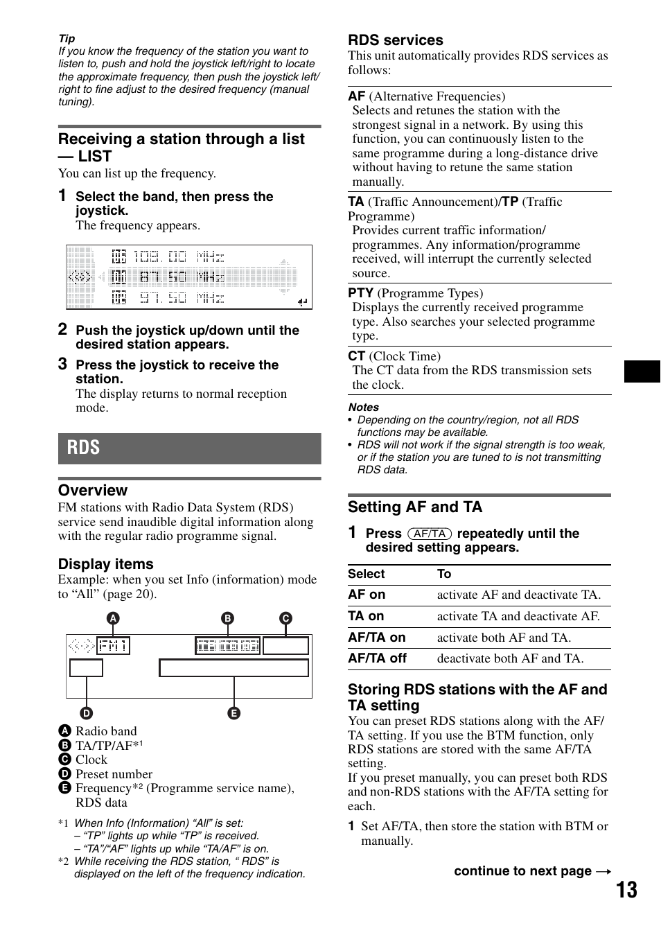 Receiving a station through a list - list, Overview, Setting af and ta | Receiving a station through a list — list, Overview setting af and ta | Sony MEX-BT5100 User Manual | Page 13 / 172