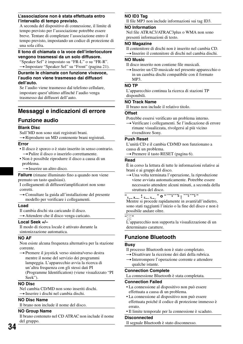 Messaggi e indicazioni di errore, Funzione audio funzione bluetooth | Sony MEX-BT5100 User Manual | Page 132 / 172