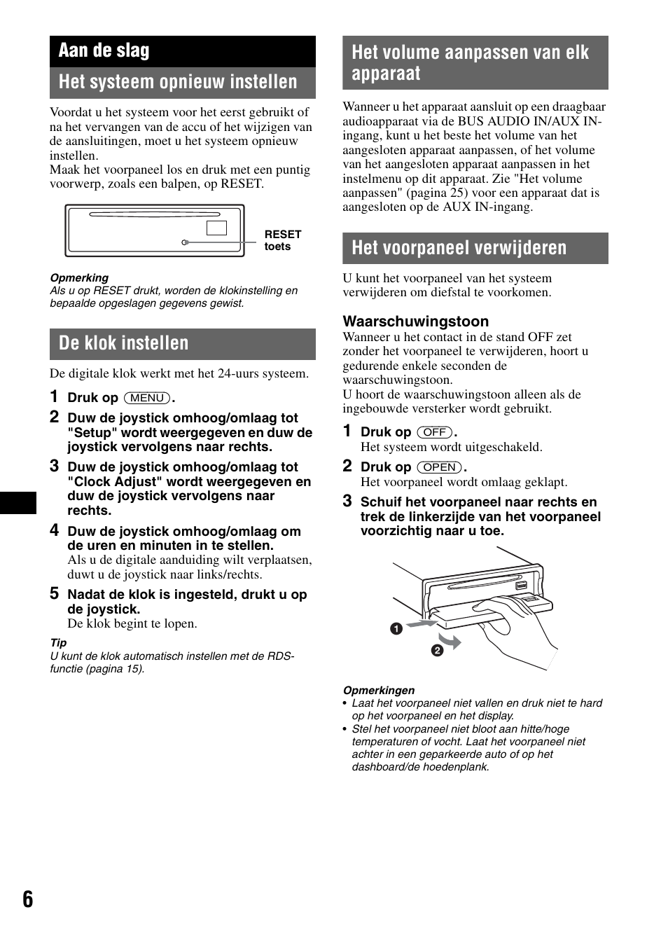 Aan de slag, Het systeem opnieuw instellen, De klok instellen | Het volume aanpassen van elk apparaat, Het voorpaneel verwijderen, Aan de slag het systeem opnieuw instellen | Sony MEX-BT5100 User Manual | Page 138 / 172