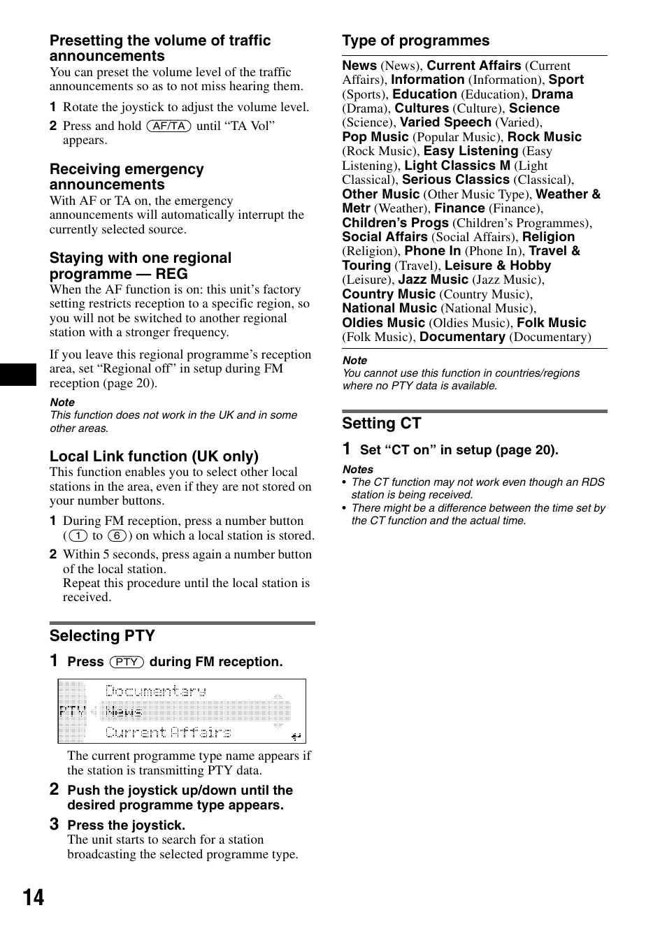 Selecting pty, Setting ct, Selecting pty setting ct | Sony MEX-BT5100 User Manual | Page 14 / 172