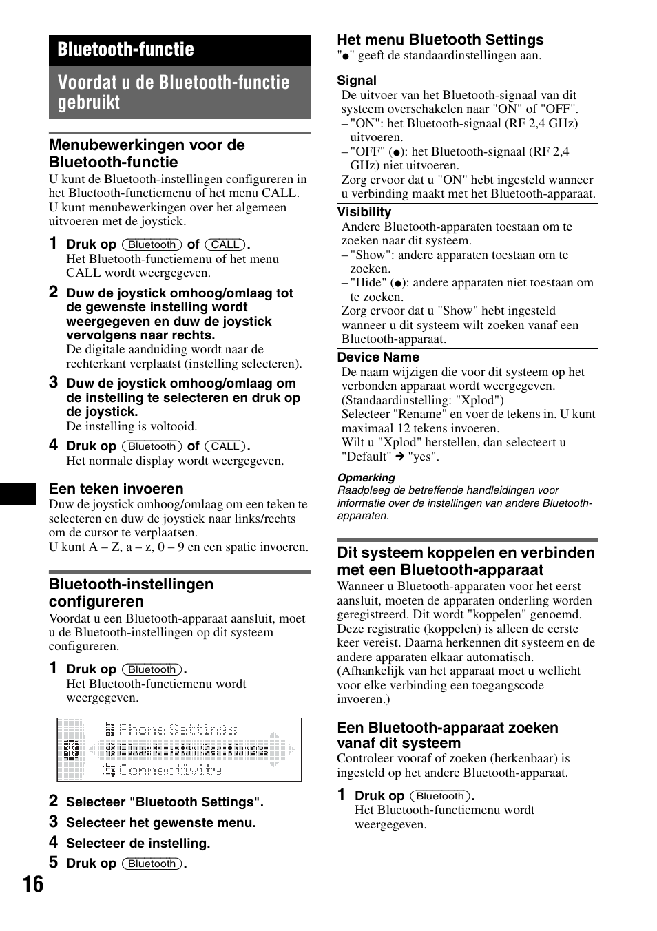 Bluetooth-functie, Voordat u de bluetooth-functie gebruikt, Menubewerkingen voor de bluetooth-functie | Bluetooth-instellingen configureren, S 16 | Sony MEX-BT5100 User Manual | Page 148 / 172