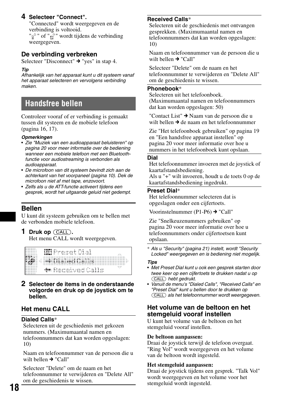 Handsfree bellen, Bellen | Sony MEX-BT5100 User Manual | Page 150 / 172