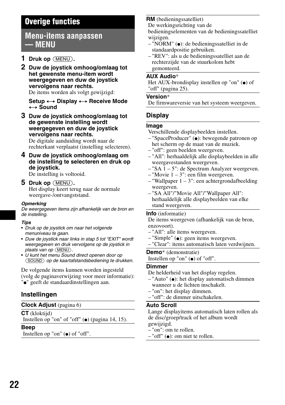 Overige functies, Menu-items aanpassen - menu, Menu-items aanpassen — menu | Overige functies menu-items aanpassen — menu | Sony MEX-BT5100 User Manual | Page 154 / 172