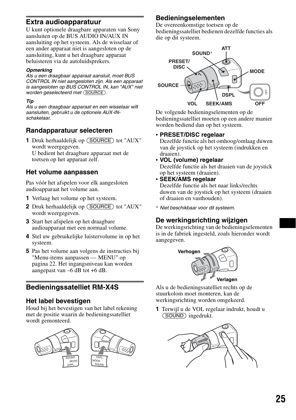 Extra audioapparatuur, Bedieningssatelliet rm-x4s, Extra audioapparatuur bedieningssatelliet rm-x4s | Randapparatuur selecteren, Het volume aanpassen, Het label bevestigen, Bedieningselementen, De werkingsrichting wijzigen | Sony MEX-BT5100 User Manual | Page 157 / 172