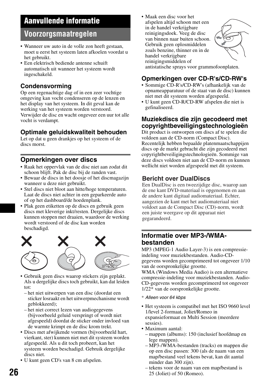 Aanvullende informatie, Voorzorgsmaatregelen, Opmerkingen over discs | Informatie over mp3-/wma- bestanden, Aanvullende informatie voorzorgsmaatregelen | Sony MEX-BT5100 User Manual | Page 158 / 172