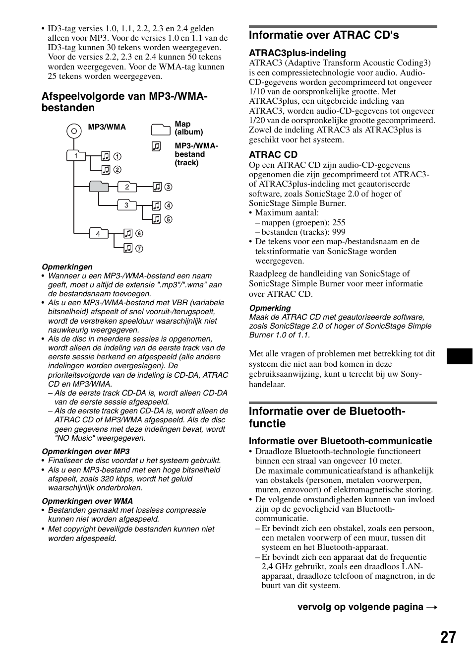 Informatie over atrac cd's, Informatie over de bluetooth- functie, Afspeelvolgorde van mp3-/wma- bestanden | Sony MEX-BT5100 User Manual | Page 159 / 172