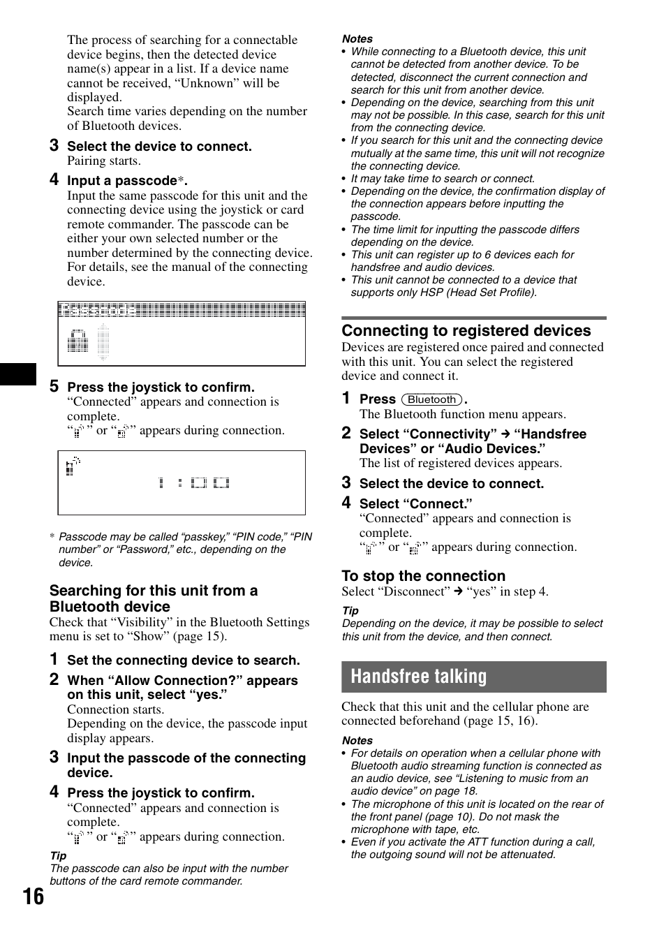 Connecting to registered devices, Handsfree talking, Ne 16 | Sony MEX-BT5100 User Manual | Page 16 / 172