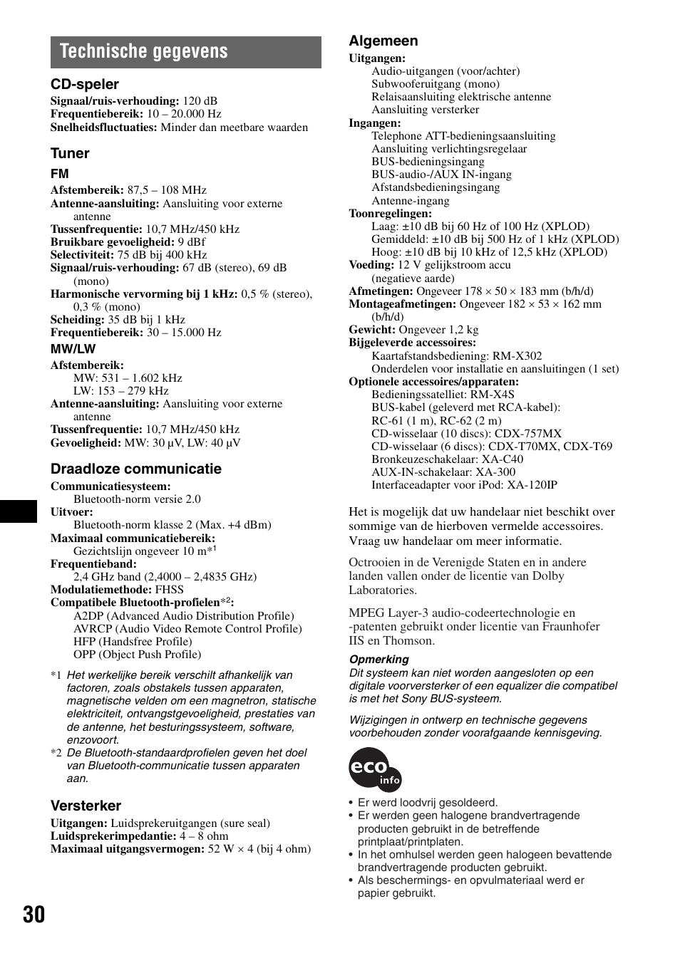 Technische gegevens, Cd-speler, Tuner | Draadloze communicatie, Versterker, Algemeen | Sony MEX-BT5100 User Manual | Page 162 / 172