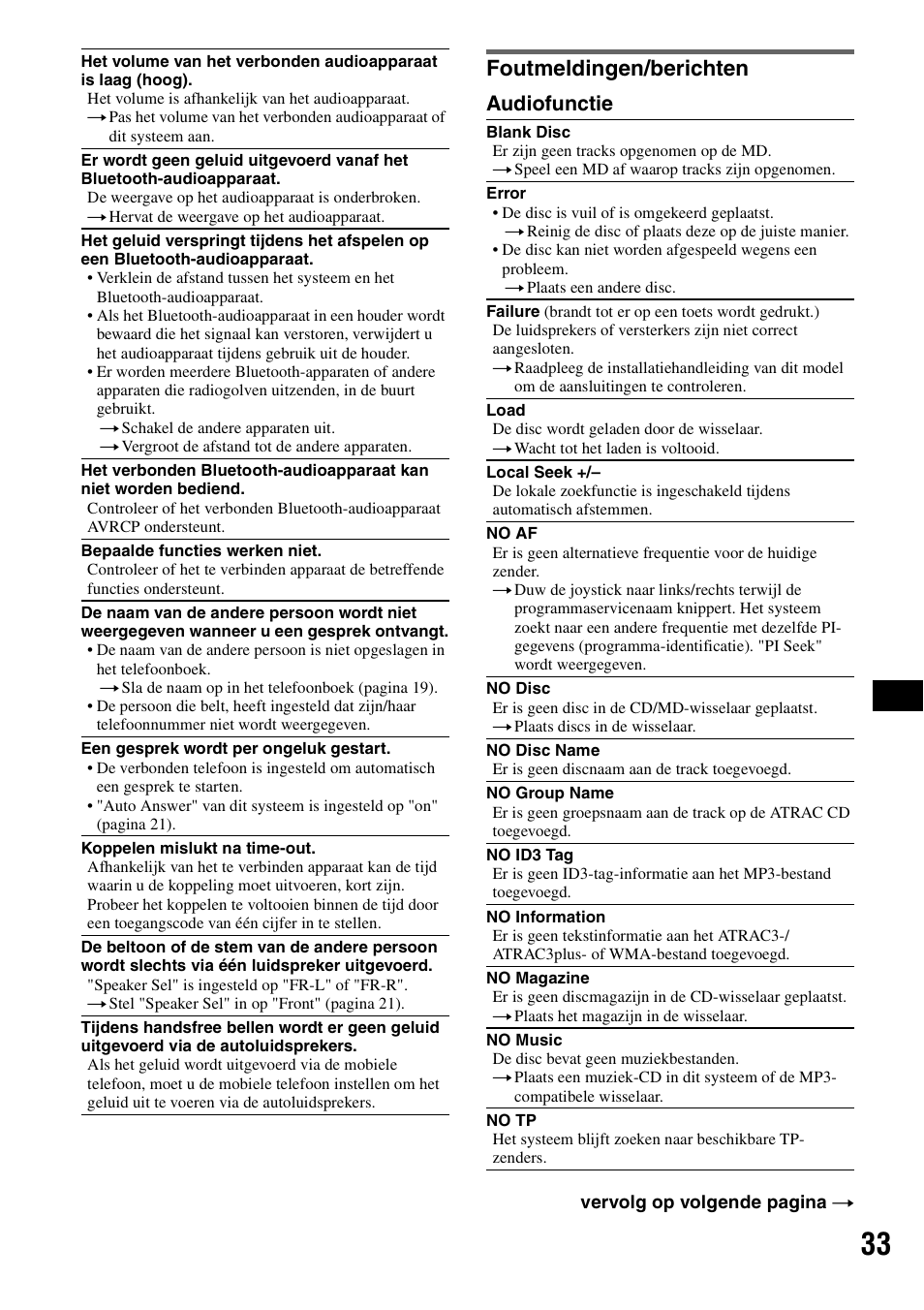 Foutmeldingen/berichten, Audiofunctie | Sony MEX-BT5100 User Manual | Page 165 / 172