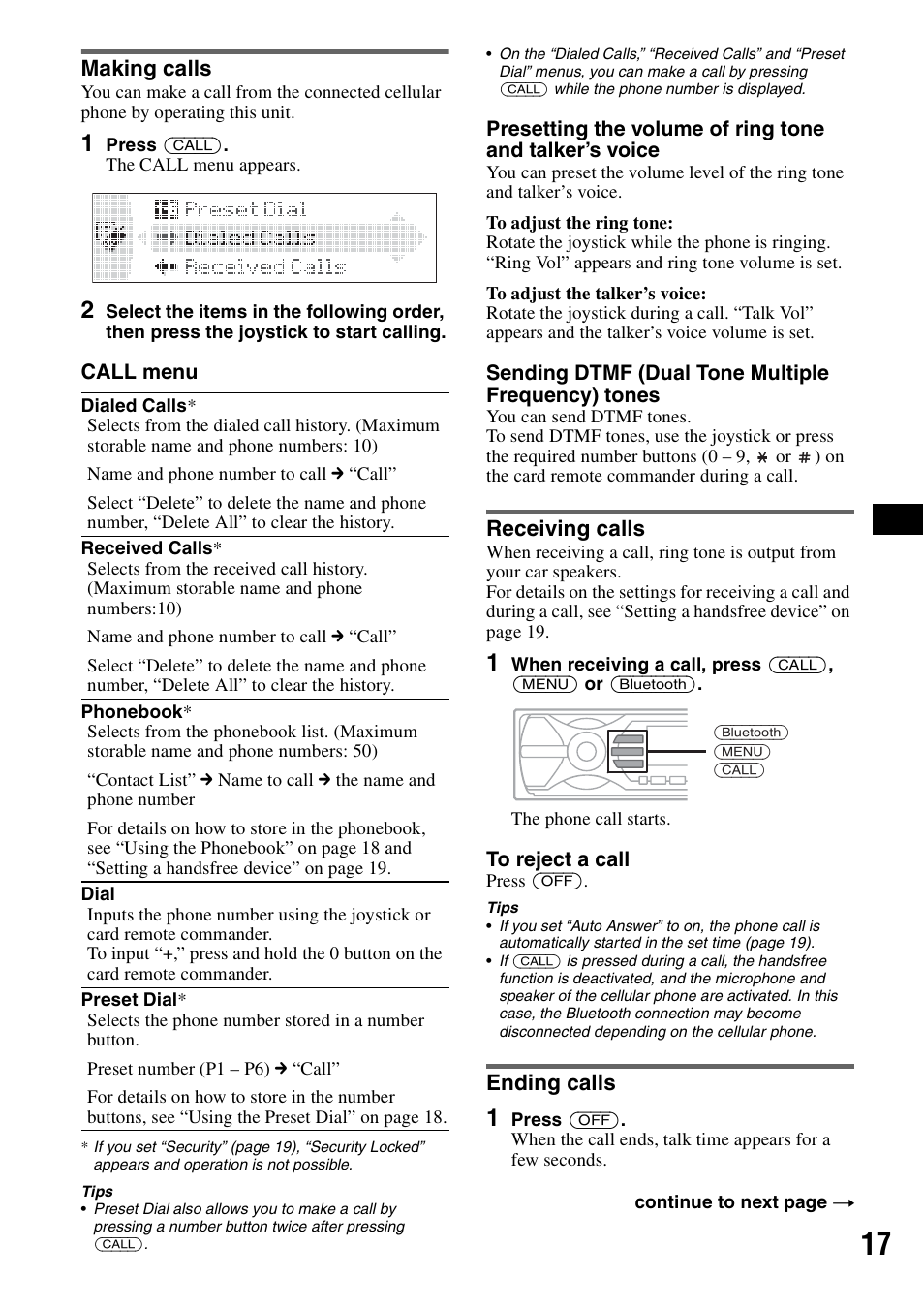 Making calls, Receiving calls, Ending calls | Making calls receiving calls ending calls, On 17 | Sony MEX-BT5100 User Manual | Page 17 / 172