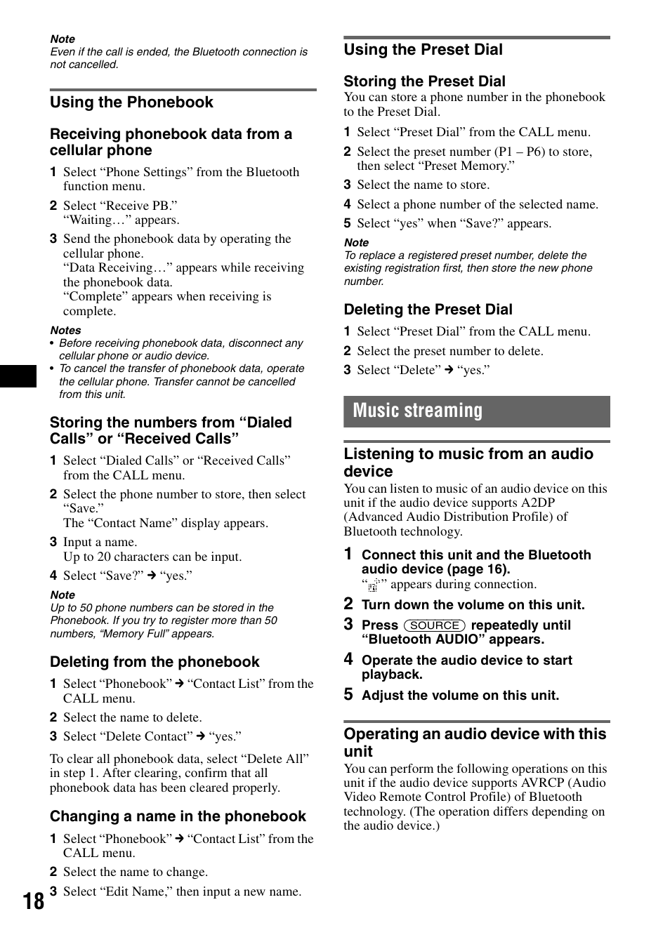 Using the phonebook, Using the preset dial, Music streaming | Listening to music from an audio device, Operating an audio device with this unit, Using the phonebook using the preset dial | Sony MEX-BT5100 User Manual | Page 18 / 172