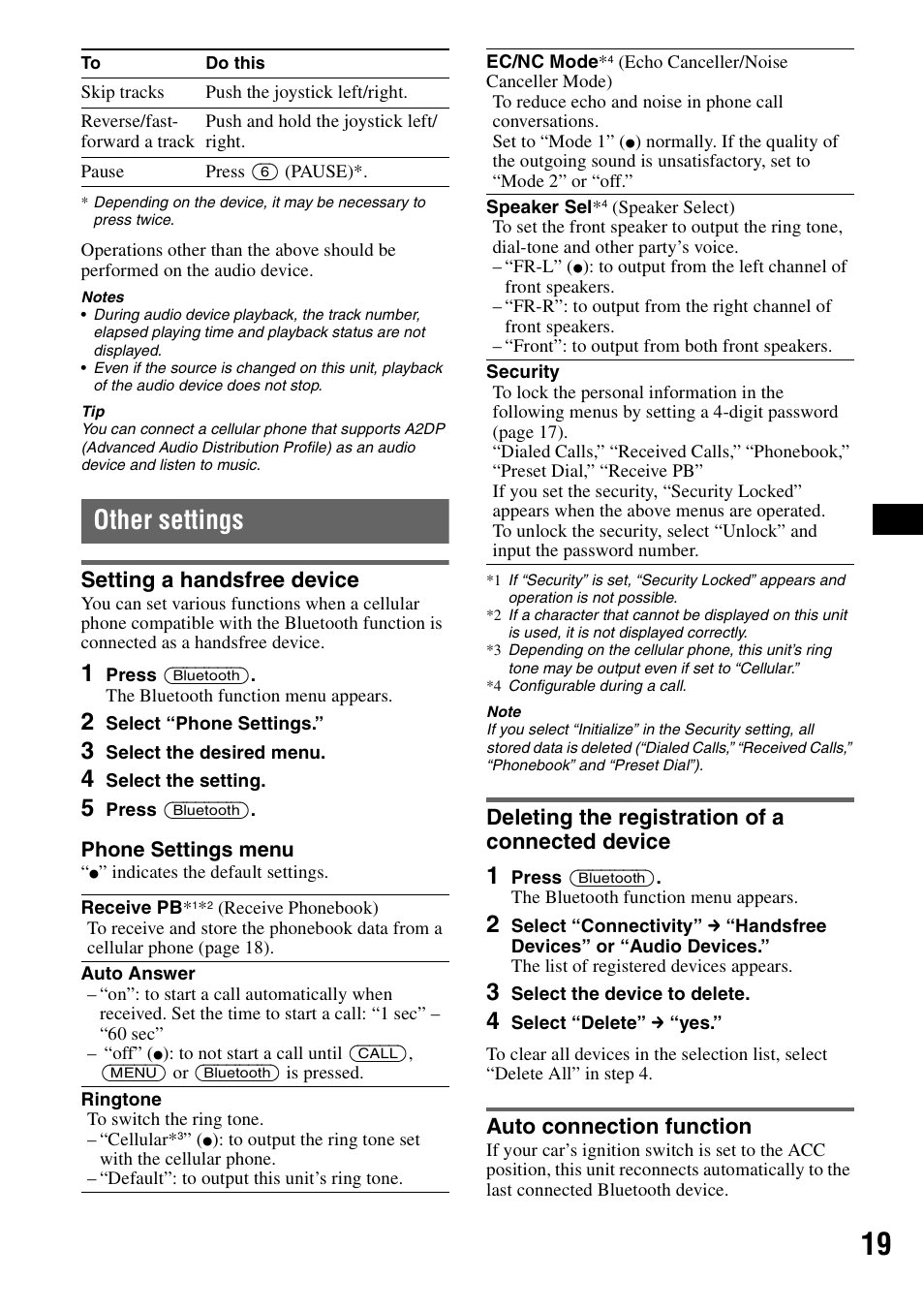 Other settings, Setting a handsfree device, Deleting the registration of a connected device | Auto connection function | Sony MEX-BT5100 User Manual | Page 19 / 172